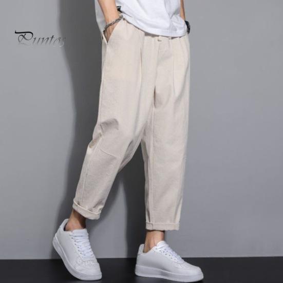 Мужские девятые брюки с тонкими боковыми карманами на шнурке и эластичной резинкой на талии в японском стиле с широкими штанинами, сплошной цвет в стиле ретро, ​​спортивные штаны для тренировок в тренажерном зале, длинные брюки