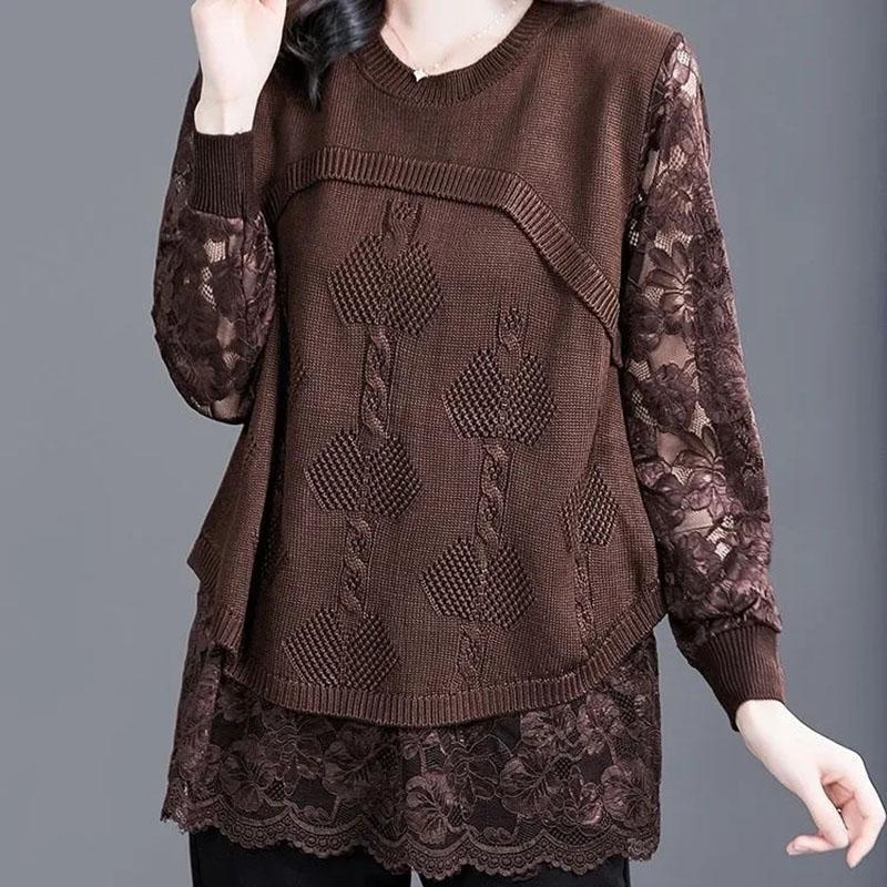 Knit Sweater Women's Fall Comfortable Loose False Two-piece Tops Pullover Lace Bottoming Shirt Long-sleeved Warm Casual Tops