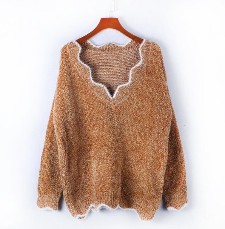 Новый женский вязаный однотонный свитер с длинным рукавом, простой свободный модный повседневный пуловер, осень-зима, шикарный свитер с v-образным вырезом