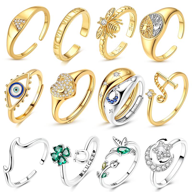 Original 925 Silver Ring Sparking Bee Eye Sun Moon Star Open Rings for Women Girls Jewelry Birthday Anniversary Engagement Gifts