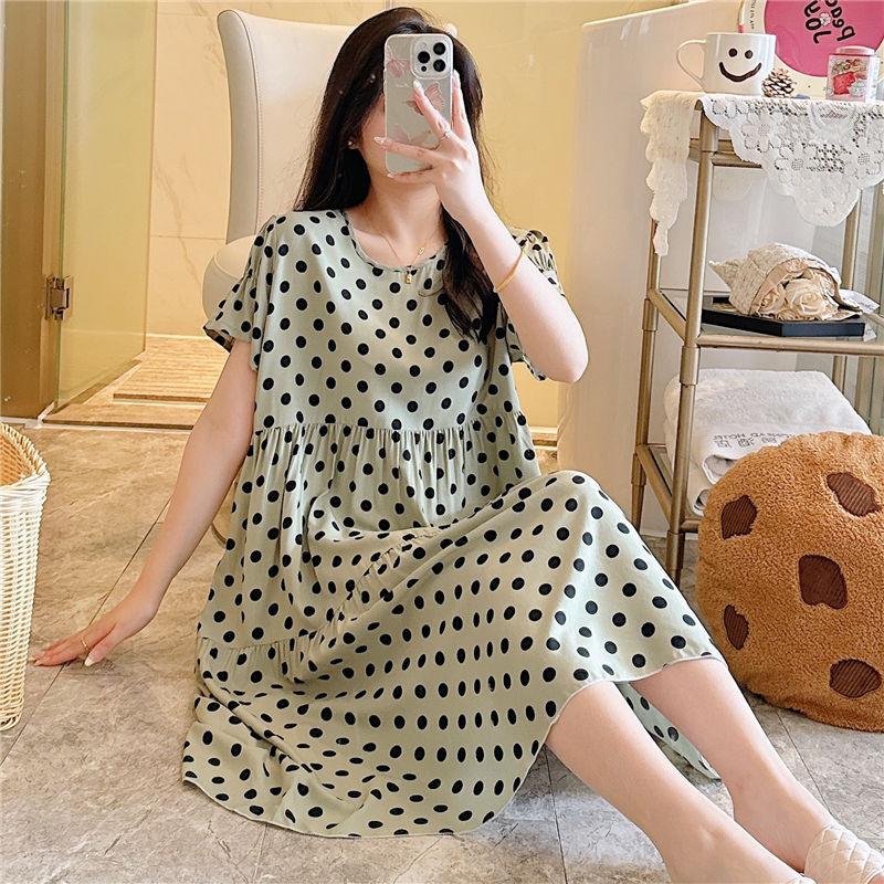 Cotton and silk nightgown women's spring and autumn casual short-sleeved large-size printed pajamas summer thin high-end cotton loungewear