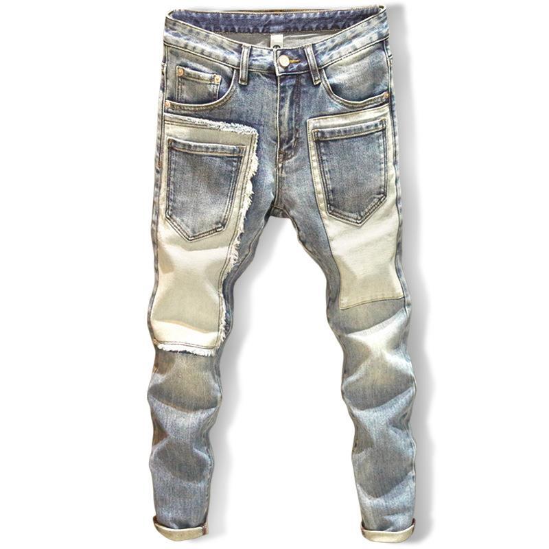 Красивые джинсы Tide Patch Gangster, мужские трендовые узкие брюки с несколькими карманами, эластичные брюки с нашивкой Collision Patch