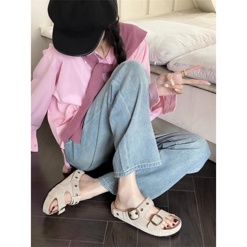 Thick-bottomed Heightening Boken Cool Slippers Women's Summer New Leather Flat-bottomed Casual Belt Buckle One-word Slippers