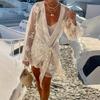 Yousheng Women Bikini Cover-up V-Neck Long Sleeve See-through Embroidery Flower Pattern Lace-Up Detail Swimwear Cover-up