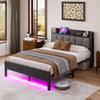 140x190cm bed frame with LED lights, storage headboard with USB charging, heavy duty metal slat support, noise-free, assembly, no box spring required