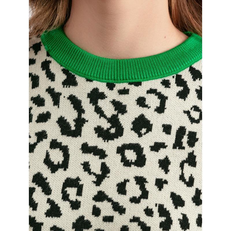 Женский весенне-осенний толстый вязаный свитер, пуловер, леопардовый жаккардовый цвет, свободная нижняя рубашка
