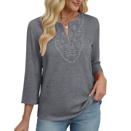 Женские топы с рукавом три четверти, V-образным вырезом, с узором из ажурной вышивки, свободного кроя, повседневная блузка, для повседневной носки