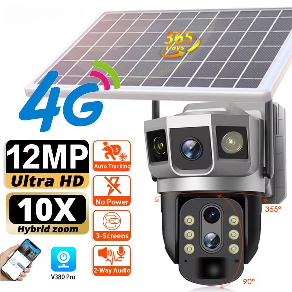 12MP 6K Solar 4G IP Camera CCTV Surveillance 10X Digital Zoom Outdoor Waterproof Monitor Pir Motion Detect Night Vision V380 Cam