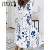 Женская мода осень-зима с цветочным принтом и длинным рукавом с v-образным вырезом и высокой талией повседневные платья