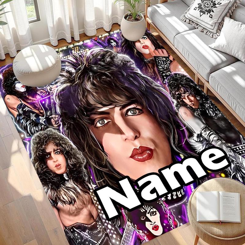 Custom Name Personalized Kiss Rock and Roll Print Carpet, Versatile Home Decor Rug, for Playroom, Apartment, Balcony, Entryway, Hallway Gift