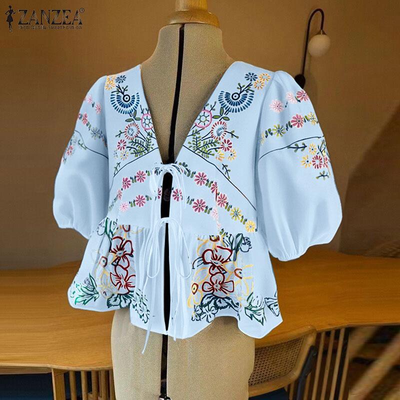 ZANZEA Женская повседневная блузка с принтом на шнуровке, V-образным вырезом и коротким рукавом