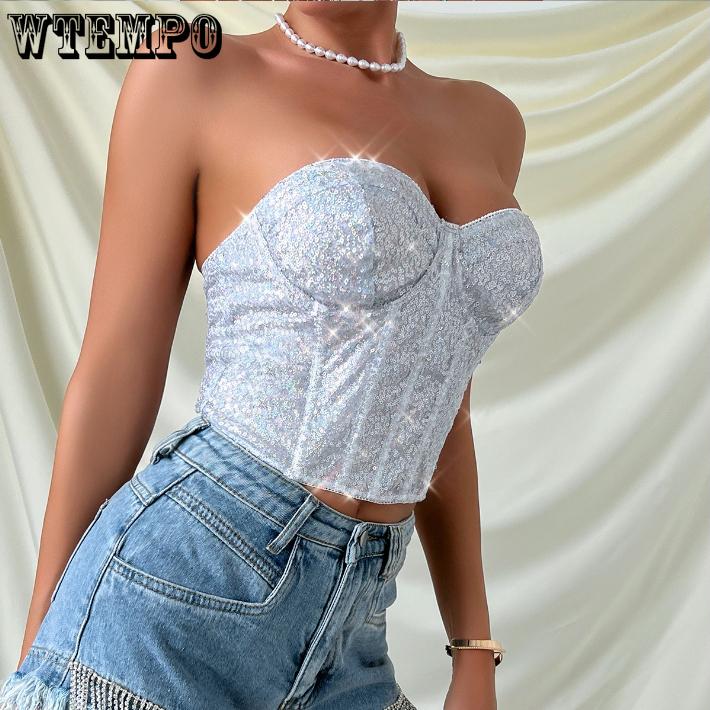 European and American Spicy Girls Bust Wrap Fashion Bead Zipper Heavy Industry Strapless Women's Top Street Trend Party Sexy Girl