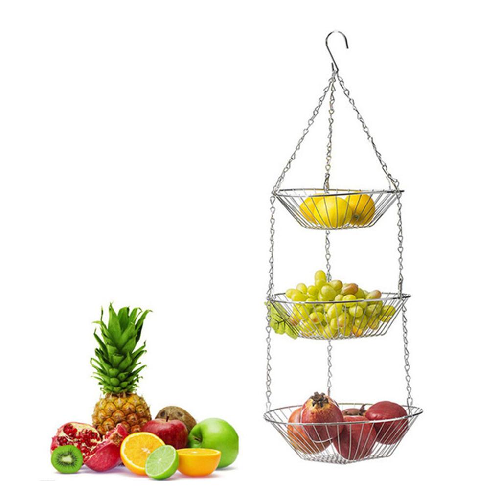 3 Tiers Fruit Basket Vegetable Kitchen Storage Baskets Wire Chain Hanging Space Saving Fruit Plant Storage Basket Decor