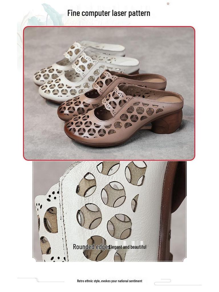 Женские шлепанцы Baotou из натуральной кожи на среднем каблуке в этническом стиле - Летние 2025 с полыми сандалиями на мягкой подошве