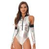 Women‘s Cosplay Catsuit S-3XL: Sleeveless Mock Neck Patent Leather Bodysuit with Front Zipper & Detachable Oversleeve for Role Play