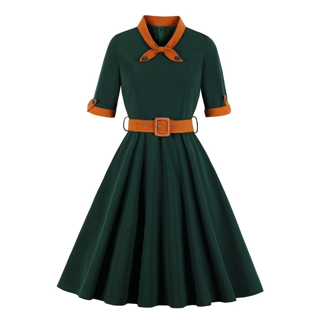 Женское платье в стиле ретро с V-образным вырезом, приталенного силуэта, с короткими рукавами и большой юбкой-клёш