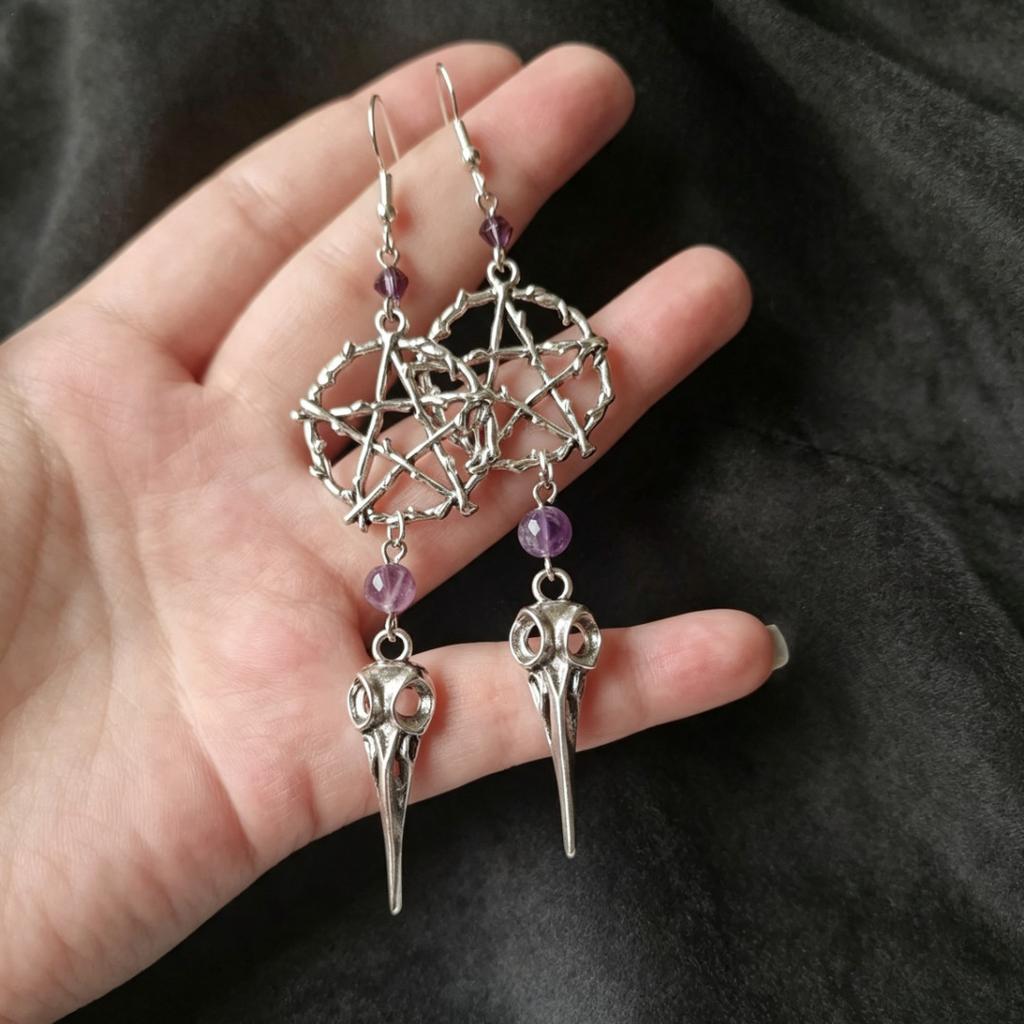 Thorns Pentagram Crow Skull Earrings Gothic Long Earrings Metal Punk Crystal Bead Jewelry