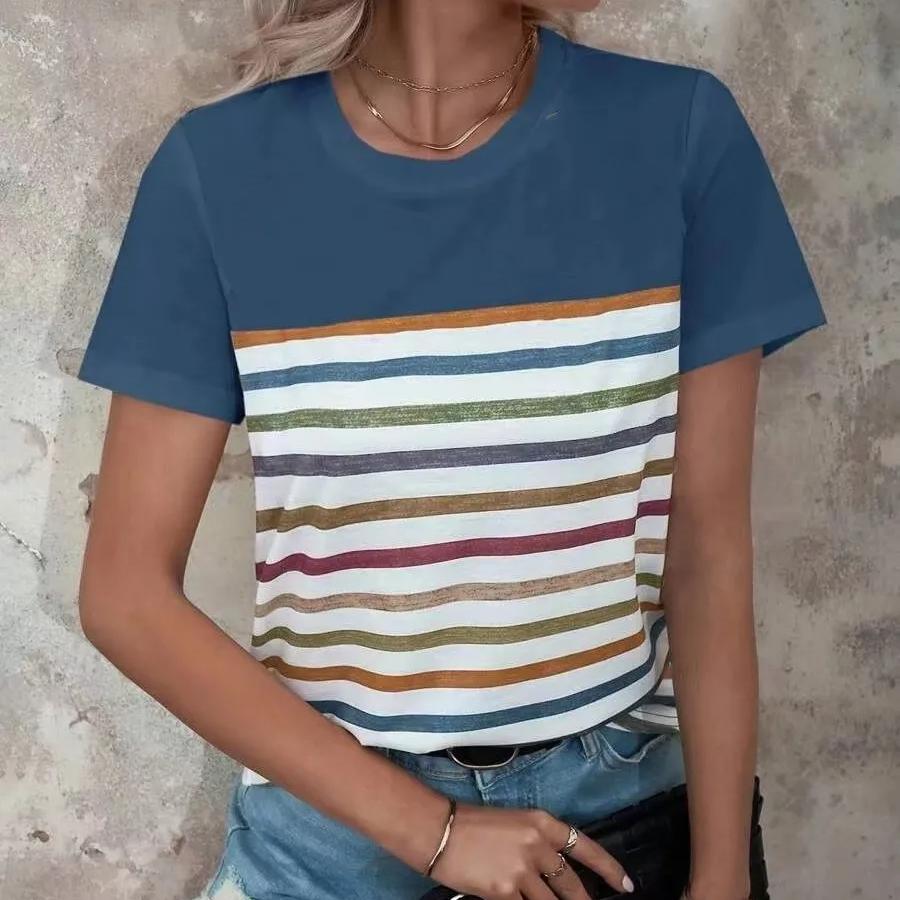 Summer Women Fashion Striped T-Shirt Holiday Tops 3d Print Shirt Harajuku Female Shirt Loose Set Head Short-Sleeved Clothing