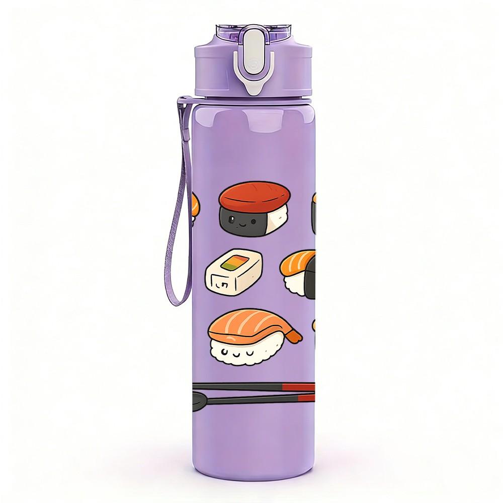 1PC Sushi Food Assortment Pattern 750ml Color Plastic Sports Water Bottle Leakproof Flip Straw Lid Suitable for Sports Office Home Use