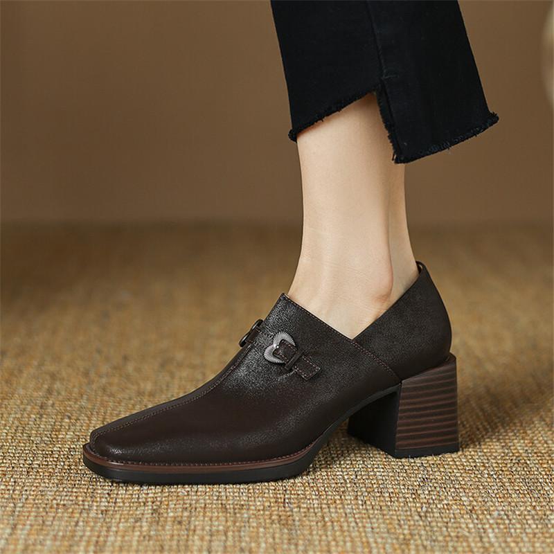 Мода Новая Осень Натуральная Кожа Женская Обувь Модная Обувь с Квадратным Носком для Женщин Лоферы на Толстом Каблуке Женские Туфли на Высоком Каблуке Zapatos Mujer