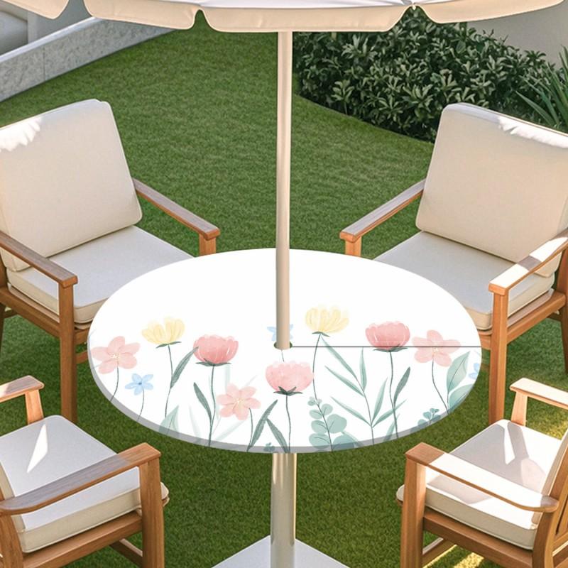 Outdoor Round Table Cover With Floral Leaf Print Waterproof Elastic Hem Patio Garden Dining