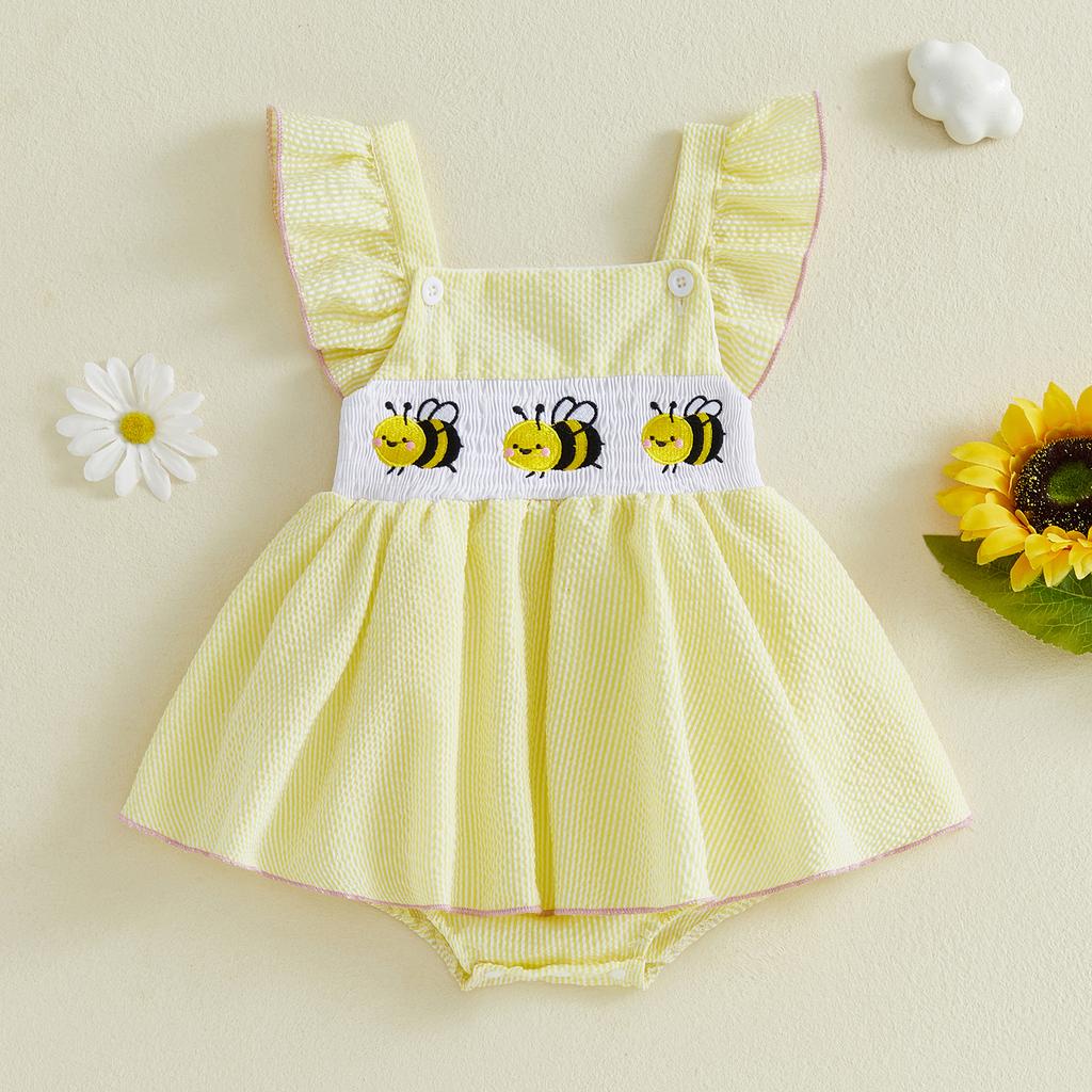 Baby Girl Romper Dress Bee Embroidered Flying Sleeve Smocked Jumpsuit Cute Summer Clothes
