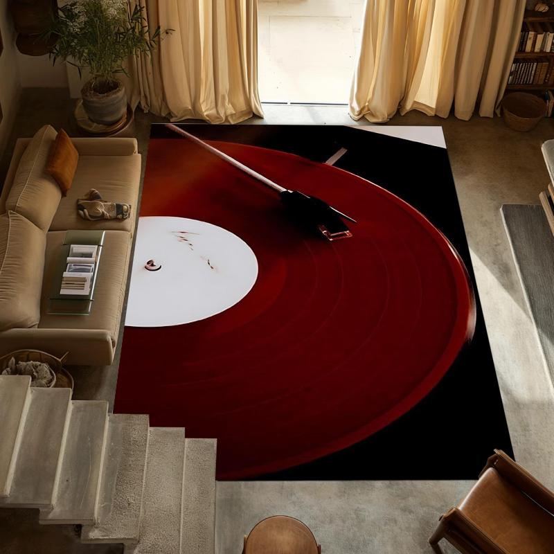 Retro Red Vinyl Record Player Area Rug Music Turntable Print Washable Non-Slip Carpet Doormat for Living Room Bedroom Studio