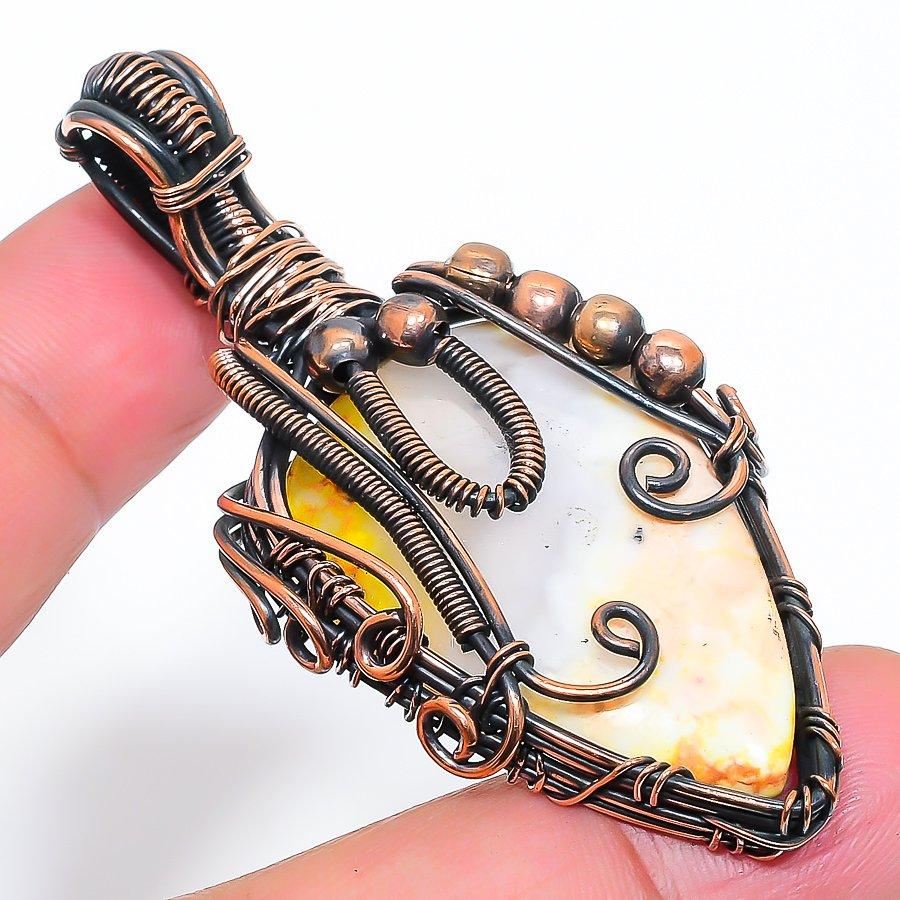 Natural Yellow Dendritic Gemstone Copper Wire Wrap Gift Pendant 2.52" J7R73
