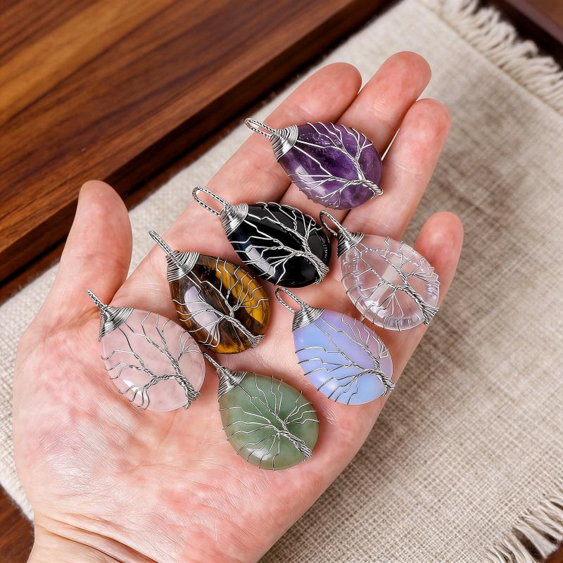 Custom Logo Natural Crystal Tree of Life Pendant Water Drop Healing Stone Handmade Wire Wrapped Necklace