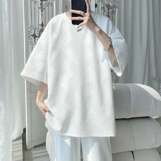 Летняя мужская футболка с круглым вырезом, свободная средней длины, сплошной цвет, вафельная текстура, плюс размер, половина рукава, уличная одежда в японском стиле, топ на открытом воздухе