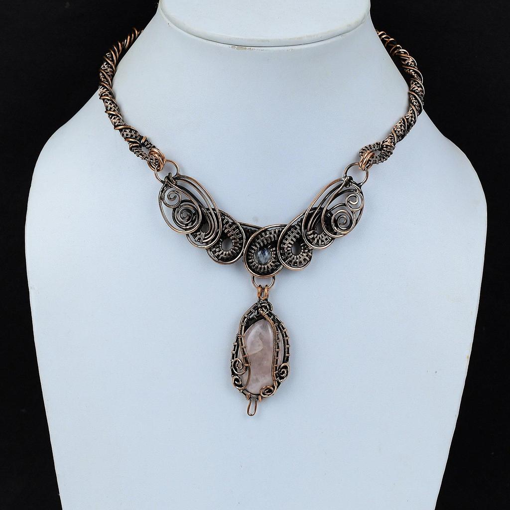 Ожерелье из розового кварца, ожерелье из медной проволоки, радужное ожерелье из лунного камня, изящные медные украшения ручной работы, ожерелье из драгоценных камней, подарок для женщин