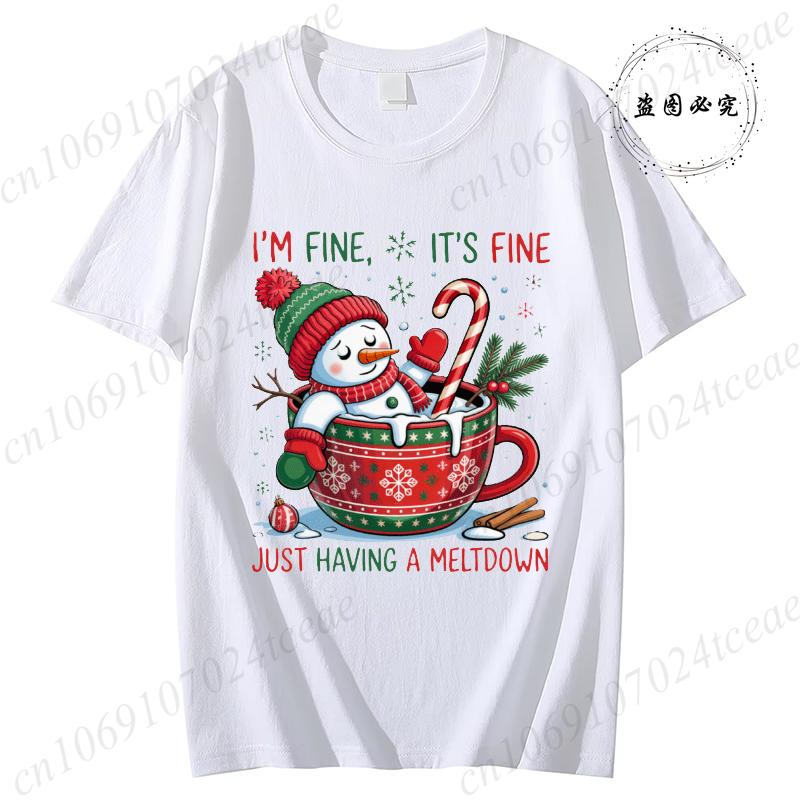 T-Shirt for Women I'm Fine,it's Fine,just Having A Meltdown Print T-Shirts Funny Cute Snowman Christmas Clothing Casual Tees Top
