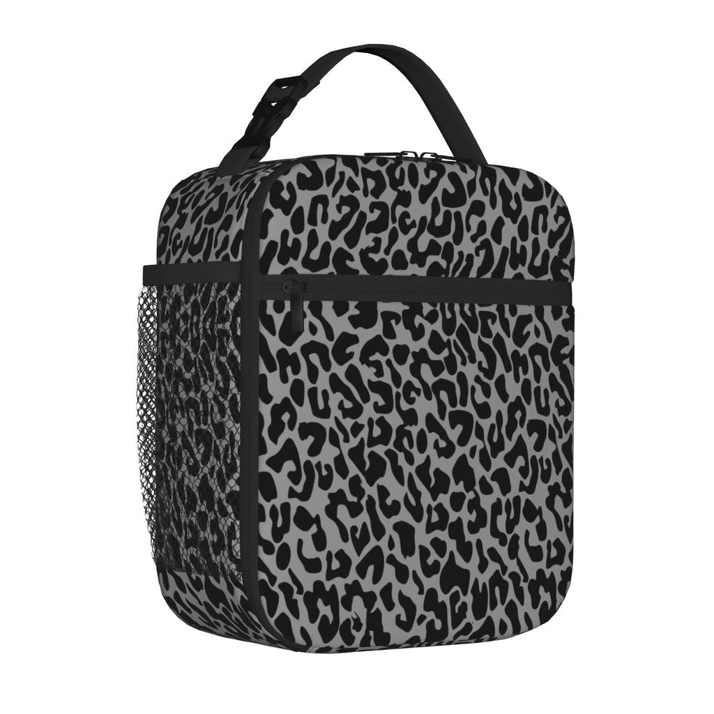 Black Leopard Tote Insulated Lunch Bag Cheetah Animal Carry Food Bags Reusable Thermal Cooler For Picnic Spacious Bento Box