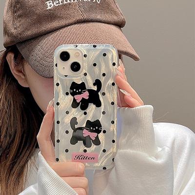 Чехол для телефона с изображением кота в горошек и бантом для iPhone15 Pro Max 14 Plus 13 12 11, универсальный противоударный чехол для телефона для девочек