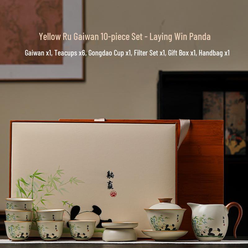 Beige Ru Ware Ceramic Kung Fu Tea Set: Teapot & Teacups in Gift Box for Holiday or Business Souvenir