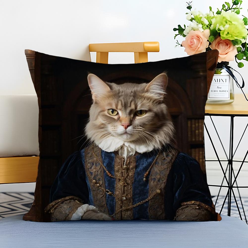 Renaissance Royal Cat Funny Cushion Cover Washable Linen Pillowcase Soft for Sofa Bed Cozy Home Room Decor