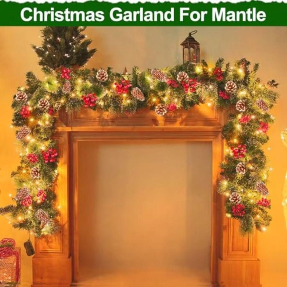 8 Modes LED Christmas Garland Waterproof Timer Lighted Xmas Wreath Lifelike with Warm White Lights Artificial Christmas Garland