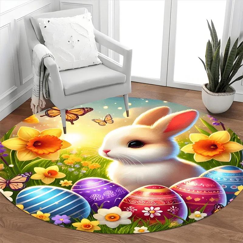 Happy Easter Round Rug with Rabbit Egg Design Stain Resistant Machine Carpet for Living Room Bedroom Laundry Festive Home Decor