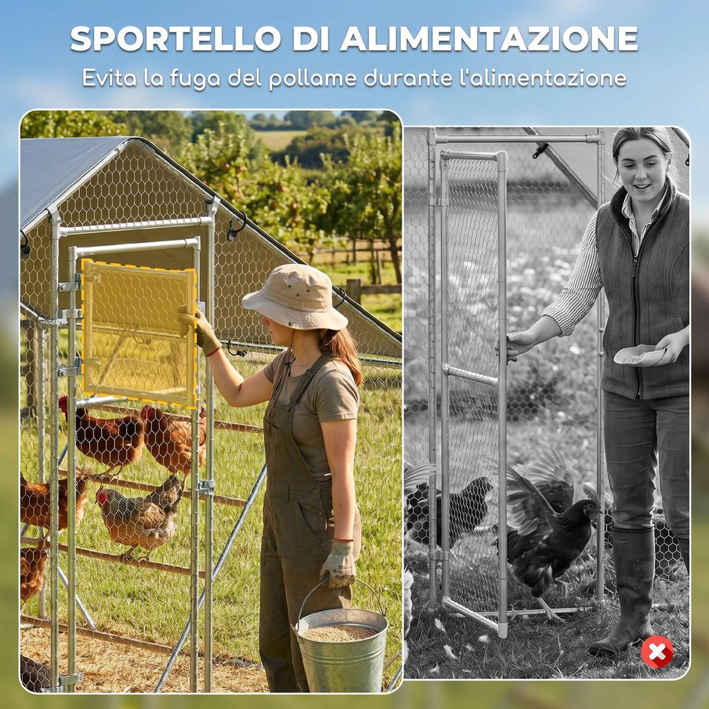6m² Chicken Run for 6-8 Animals with Waterproof Roof, Feeder and Perch, 3x2x1.9m, Silver