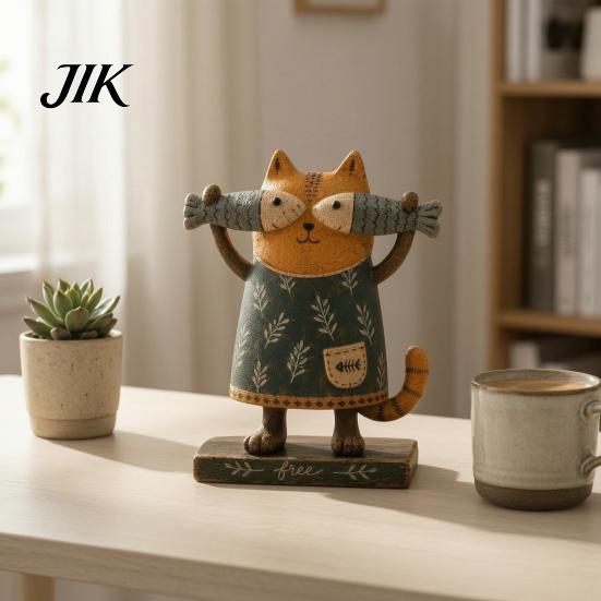 Durable Resin Sculpture for Desk Rustic Farmhouse Cat Figurine with Fish, Holding Fish Statue, Vintage Small Shelf Statue Living Room Hand Painted