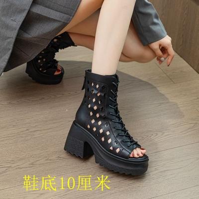 Мода 10 см Женские Летние Короткие Ботильоны Мода Полые Натуральная Кожа Толстый Высокий Каблук Женские Ботильоны с Открытым Носком Обувь Женская