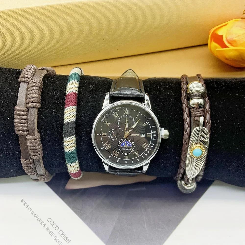 5pc New Men Watches Quartz Watch Sport Chronograph Luxury Men Automatic Date Watches Include Bracelet Box for Any Scene