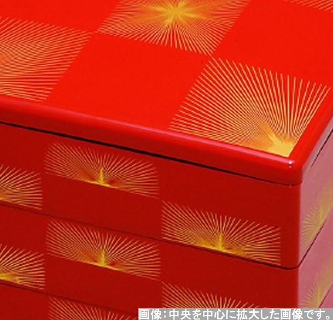 J-kitchens Outdoor Lunch Box (Lunch Box) Made in Japan, 3 Tiers, 7-inch, Vermilion, Pine Needle Checkered Pattern, 21.0cm x 21.0cm x 16.5cm