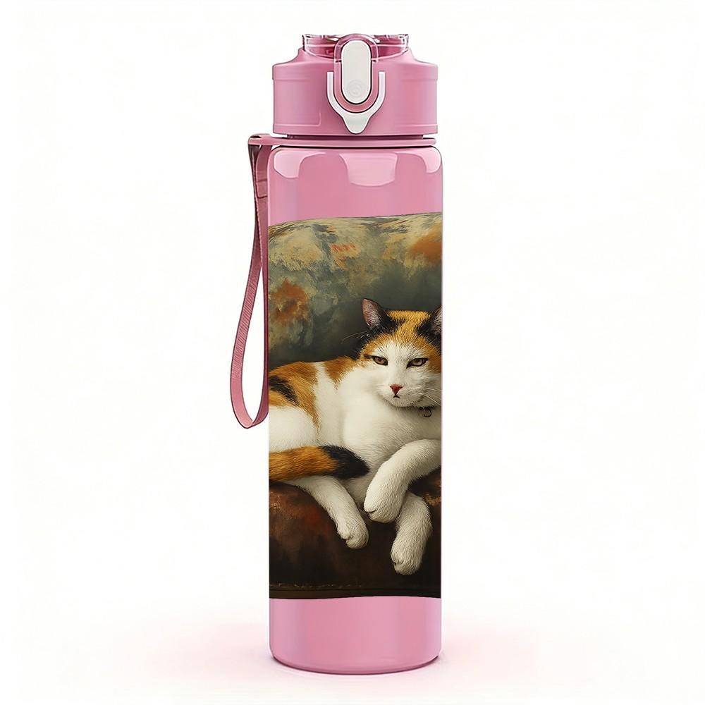 1PC Cat Resting On Cushion 750ml Color Plastic Sports Water Bottle Leakproof Flip Straw Lid Suitable for Sports Office Home Use