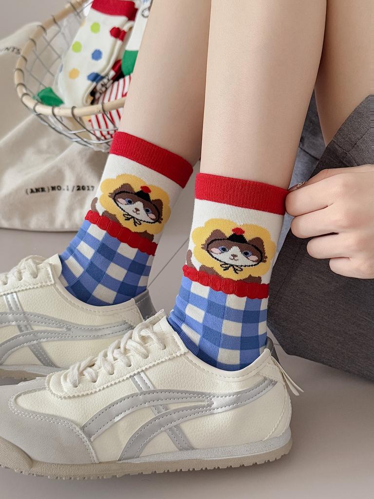 Осенние женские носки, носки до середины икры, махровые носки с мультяшным котом, студенческие носки для женщин