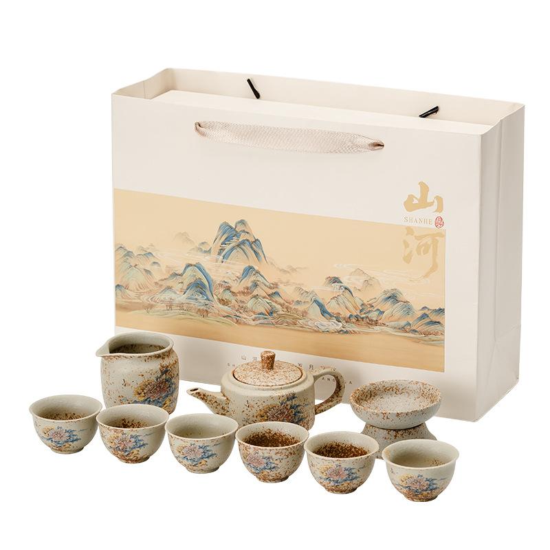 Tea set Blue and white flint red Xishi pot High-end ceramic teapot cover bowl teacup Portable tea making small set