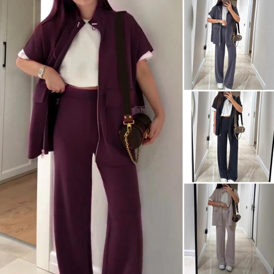 Women's Two Piece Outfit Casual Full Zip-up Short Sleeve Shirt And Wide Leg Pants Set Casual Lounge Tracksuit
