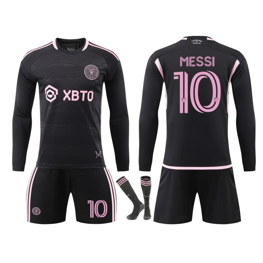 Miami Messi Maneci Lungi Fotbal Tricou Set, Black Training Jersey Shorts Breathable Sportswear