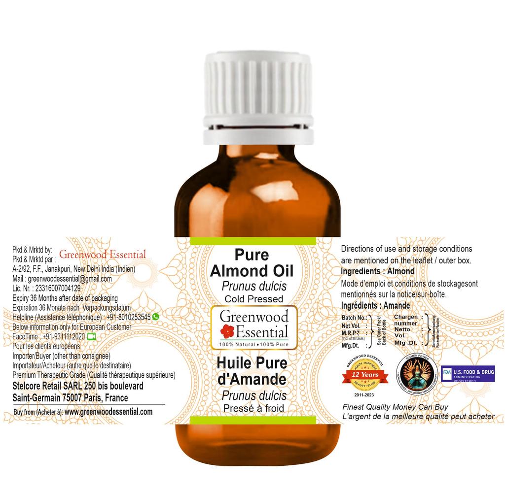 Greenwood Essential Чистое миндальное масло (Prunus dulcis) | Холодный отжим | Натуральное | Неразбавленное | Для разбавления эфирных масел | Для волос, кожи и массажа