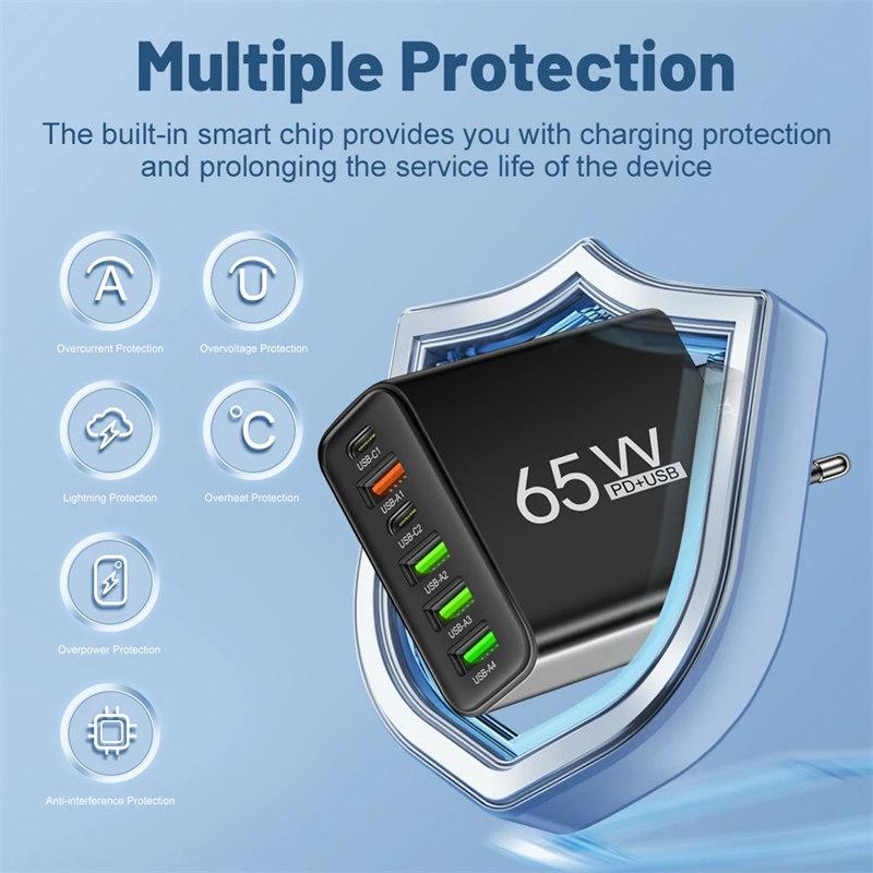 65 Вт 6 в 1 4 USB 2 Type C быстрая зарядка настенное зарядное устройство для iPhone Samsung Xiaomi Huawei Oppo мобильный телефон адаптер